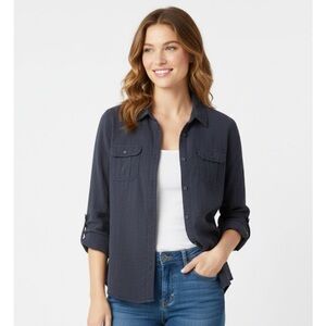 ST. JOHN’S BAY Long Sleeve Blouse, Women’s M, Navy Blue